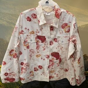 Norm Thompson Cream and Red Floral Jean Jacket